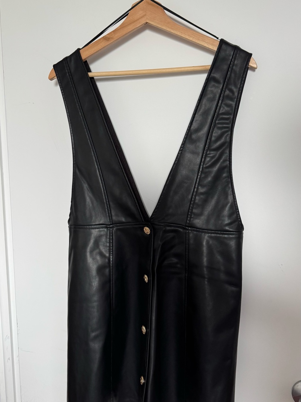 Zara Black Faux Leather Mini Dress with Gold Buttons